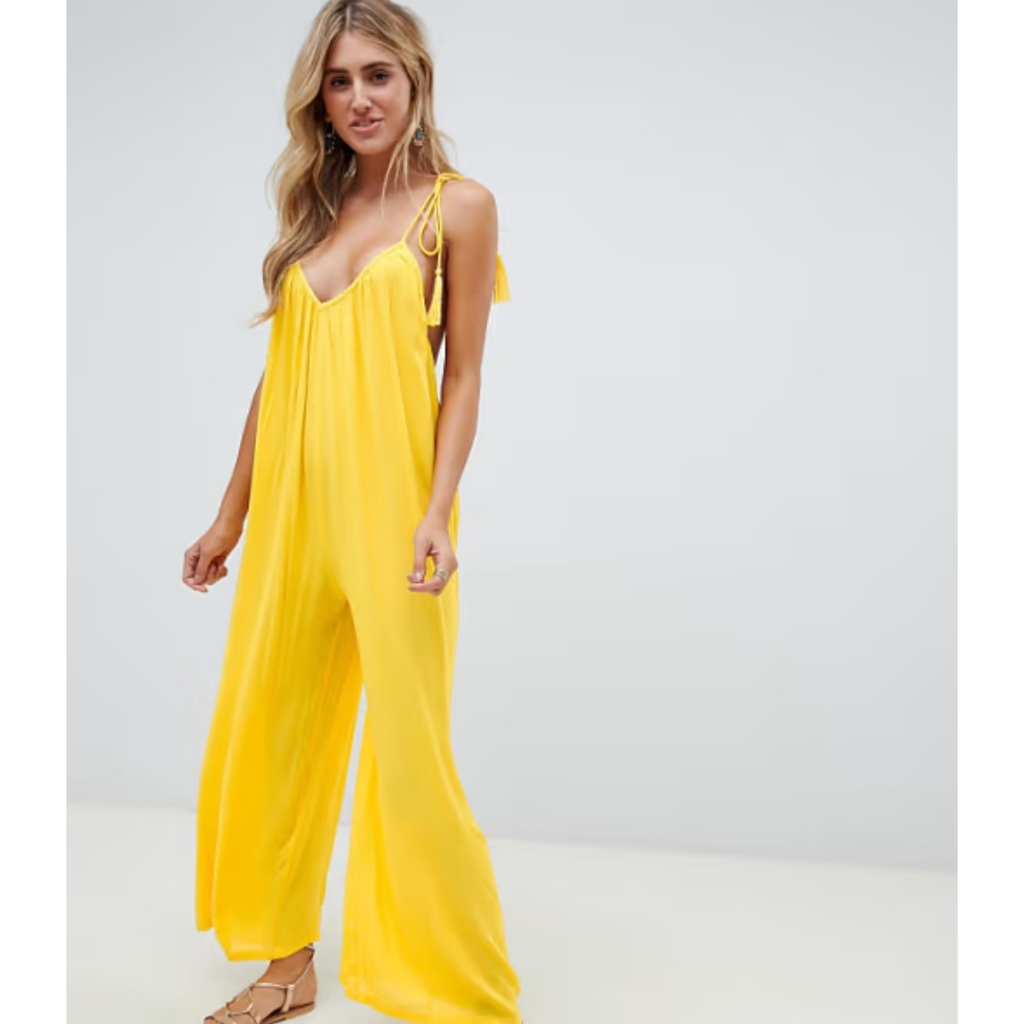 Women's Asos Crinkle Low Back Jumpsuit Romper Bright Yellow Sz 2 $119 Tassle